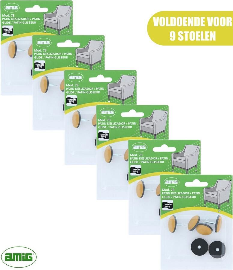 AMIG – Teflon Meubelglijders – Stoelpootbeschermers – Ø22mm – met Spijker – PTFE – 36 stuks Voor 9 Stoelen – Bruin