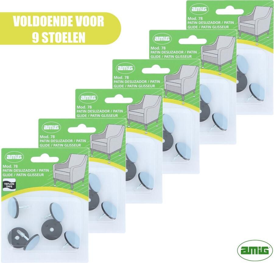 AMIG – Teflon Meubelglijders – Stoelpootbeschermers – Ø22mm – met Spijker – PTFE – 36 stuks Voor 9 Stoelen – Grijs