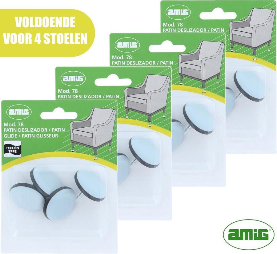 AMIG – Teflon Meubelglijders – Stoelpootbeschermers – Ø32mm – met Spijker – PTFE – 16 stuks Voor 4 Stoelen – Grijs