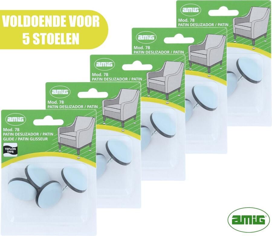 AMIG – Teflon Meubelglijders – Stoelpootbeschermers – Ø32mm – met Spijker – PTFE – 20 stuks Voor 5 Stoelen – Grijs