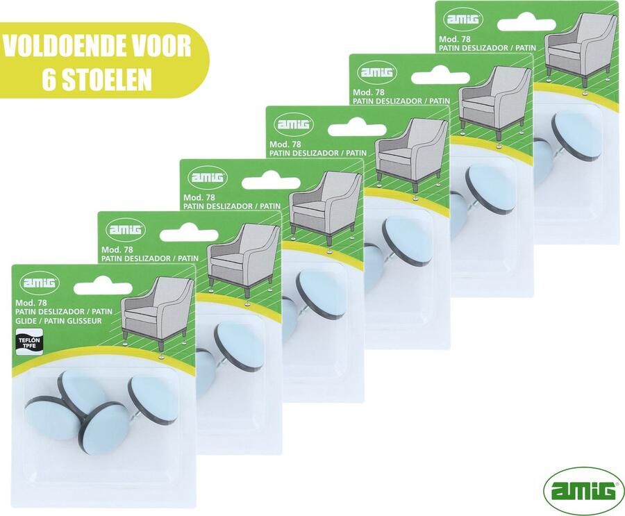 AMIG – Teflon Meubelglijders – Stoelpootbeschermers – Ø32mm – met Spijker – PTFE – 24 stuks Voor 6 Stoelen – Grijs