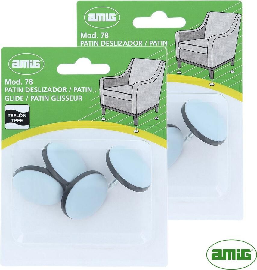 AMIG – Teflon Meubelglijders – Stoelpootbeschermers – Ø32mm – met Spijker – PTFE – 8 stuks Voor 2 Stoelen – Grijs