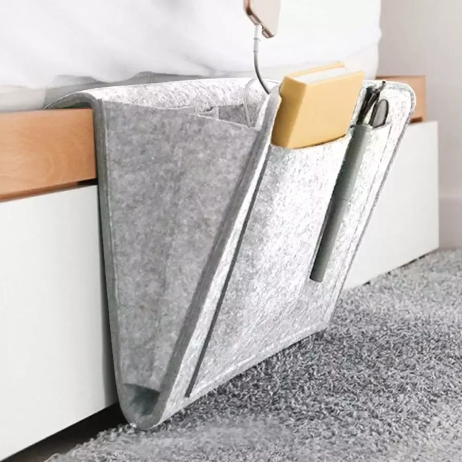 Amokee Bedtas sofa organizer anti-slip opbergtas dik vilt nachtkastje tas bank hangopslag bed organizer voor mobiele telefoon iPad bril boek afstandsbediening (lichtgrijs)