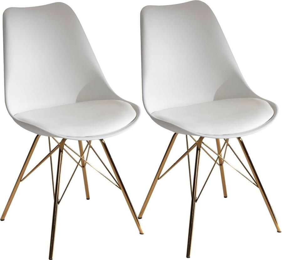 Amstyle eetkamerstoel set van 2 witte kunststof keukenstoelen met gouden poten schelpstoel Scandinavisch design gestoffeerde stoel met kunstleren bekleding gestoffeerde stoel