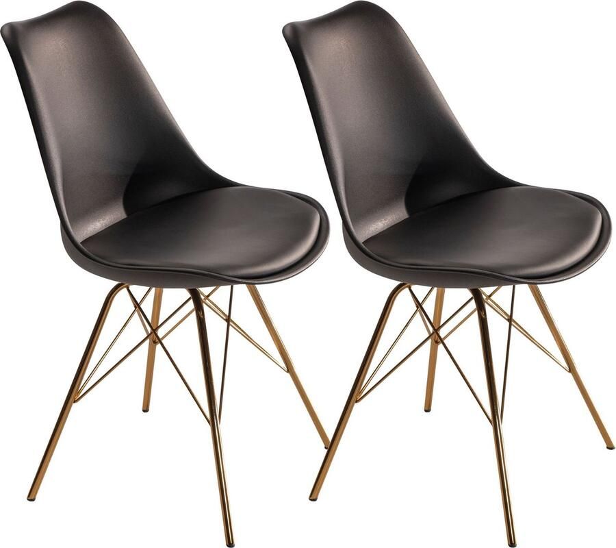 Amstyle Eetkamerstoel set van 2 zwarte kunststof keukenstoel met gouden poten schelpstoel Scandinavisch design gestoffeerde stoel met kunstleren bekleding gestoffeerde stoel