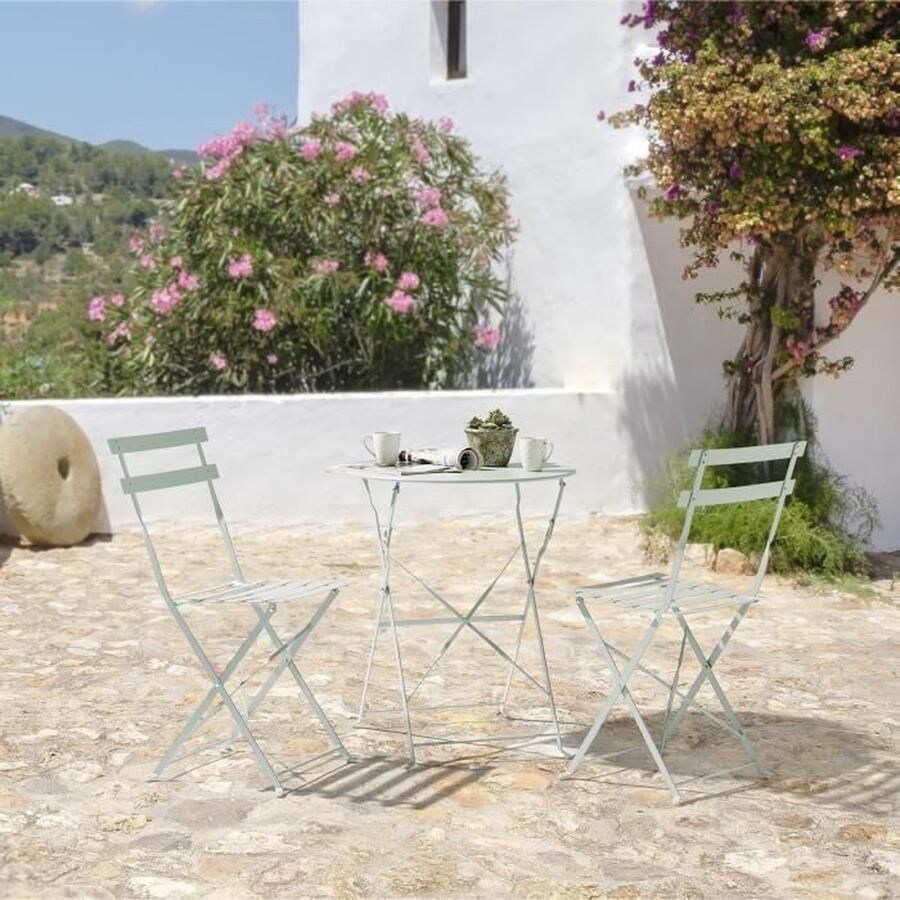 Anders Bistroset voor 2 personen 60 cm ronde tafel met 2 stoelen Gepoedercoat staal Celadon groen