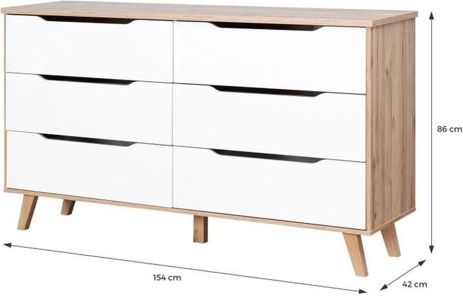 Merkloos VANKKA Ladekast met 6 lades Decor in eiken en wit B 154 x D 42 x H 86 cm - Foto 6