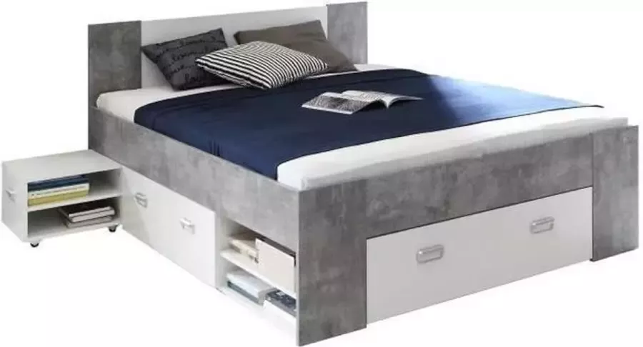 Anders Bed voor volwassenen 140x200 cm 3 lades + nachtkastje Decor van wit en beton UDINE - Foto 8