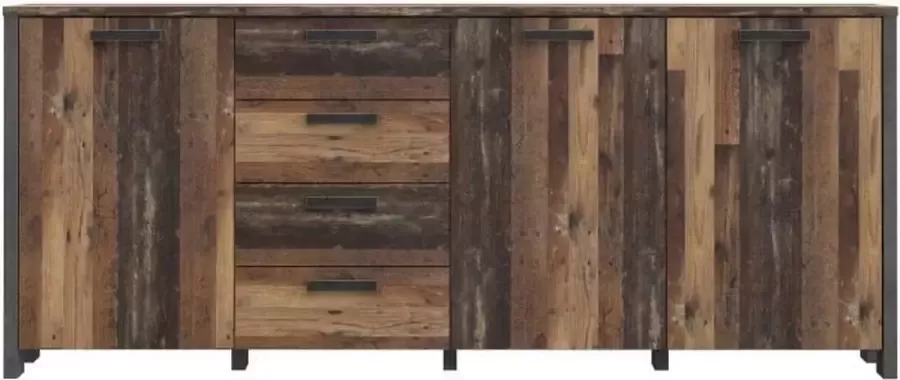 Merkloos CLIF Dressoir 3 deuren 3 planken 4 laden 206 1 cm Vintage oud houtdecor met donkergrijs beton Zwarte handgrepen