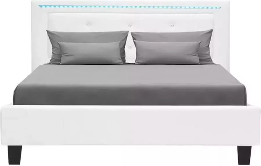 Anders EDOUARD Eigentijds bed voor volwassenen met LED-verlichtingssysteem Faux White Inclusief bedbodem 160 x 200 cm