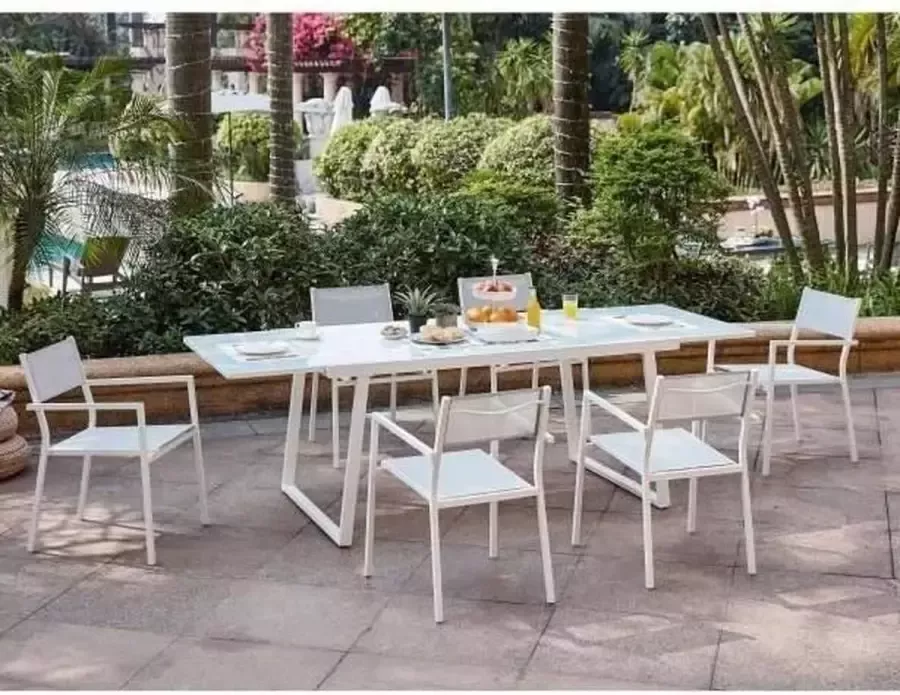 Anders Garden Meal Set uitschuifbare tafel 160-240 cm en 6 fauteuils Aluminium frame Wit