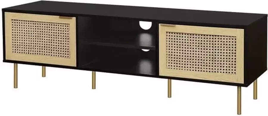 Merkloos HARROD 2-deurs tv-meubel In zwart gelakt mdf en natuurlijk rotan gaas