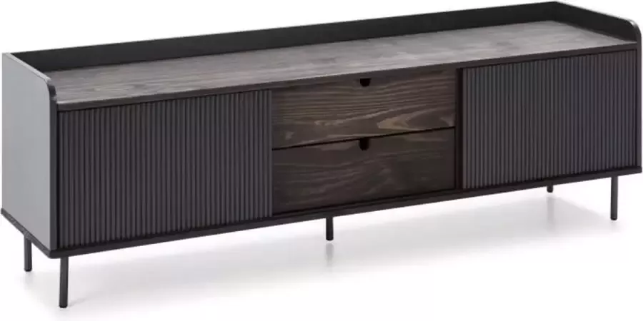 Anders HORIZON TV meubel met schuifdeuren 2 lades Walnoot en zwart metaal Scandinavisch modern L160XP40XH52cm