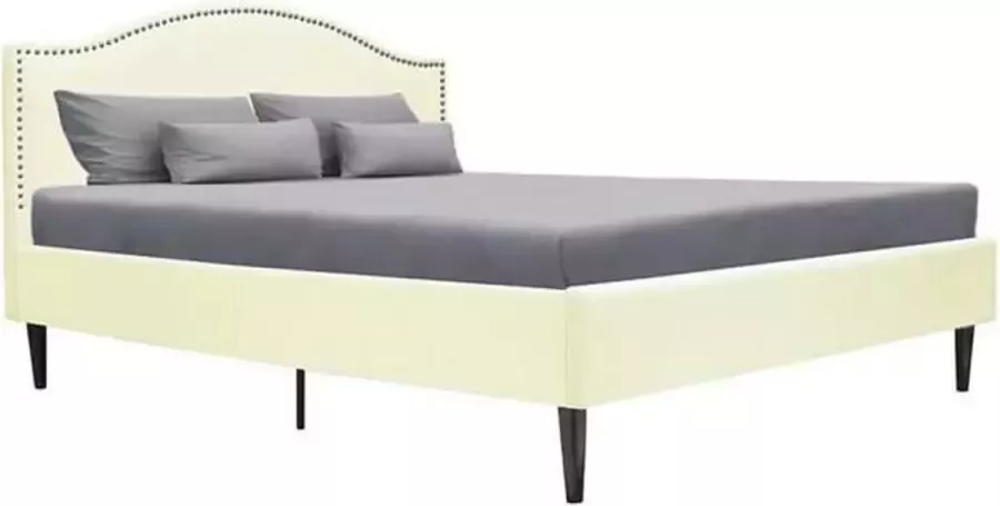 Anders Klassiek bed voor volwassenen Beige stof Hoofdeinde met studs en houten poten inclusief boxspring L 140 x L 190 cm NAILHEADS