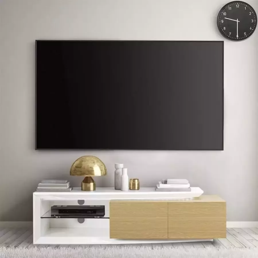 Merkloos LED TV-meubel Eigentijdse stijl VIRGOS Eiken en glanzend wit decor 2 deuren L 150 x D 45 x H 40 cm - Foto 2