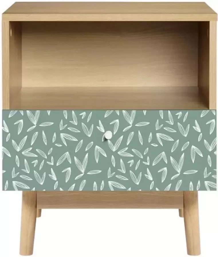 Anders Nachtkastje met 1 lade Eiken en groen decor Massief houten poten L 45 x D 40 x H 52 cm GARDENIA