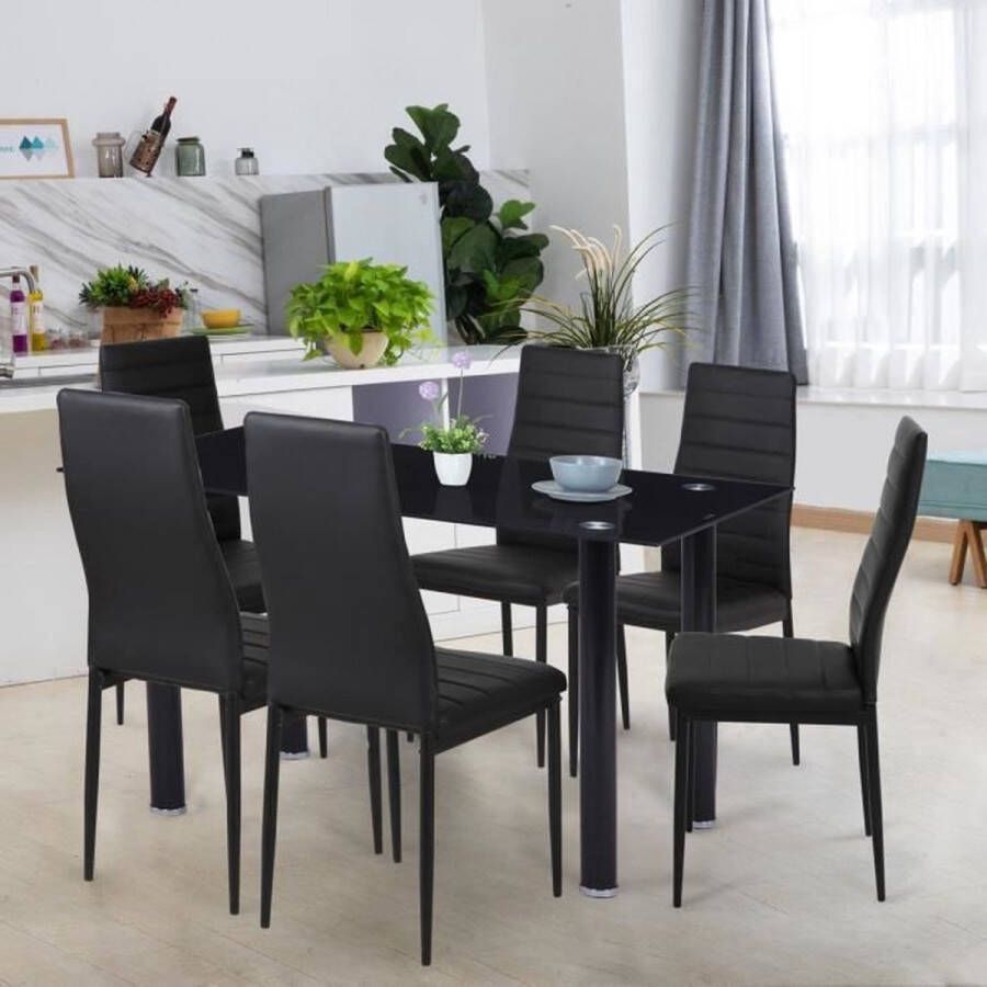 Anders Set Eettafel 140x80 cm + 6 stoelen Metaal Gehard glazen blad JIM