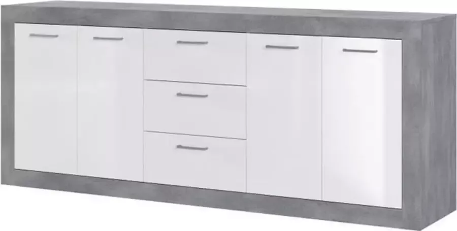 Merkloos STONE Buffet 4 deuren 3 laden Beton en wit decor L 206 x D 45 x H 83 4 cm