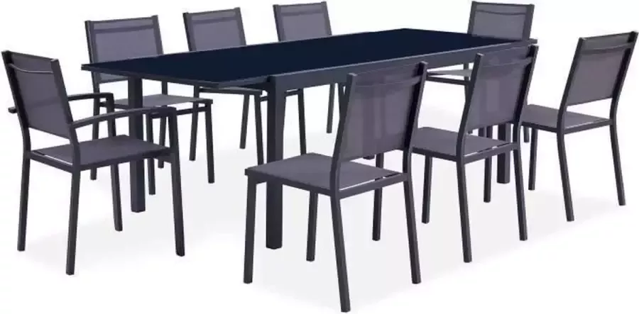 Anders Tuinset 6 tot 8 personen Alu Uitschuifbare tafel 180 240x100cm + 6 stoelen en 2 fauteuils en textileen zitting Grijs