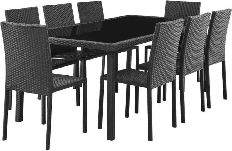 Anders Tuinset tafel van gehard glas en 8 stoelen van zwart geweven hars Tafel 200 x 100 x73 cm Stoel: 44 x 54 x 8