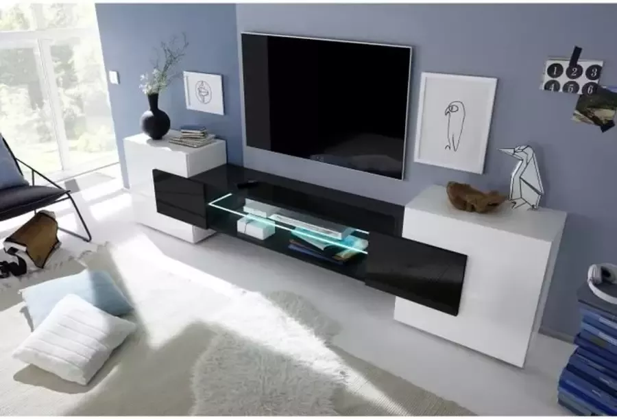 Merkloos TV-meubel met LED 2 deuren Glanzend gelakt wit en zwart L 258 x D 37 x H 61 cm ANCONA - Foto 1