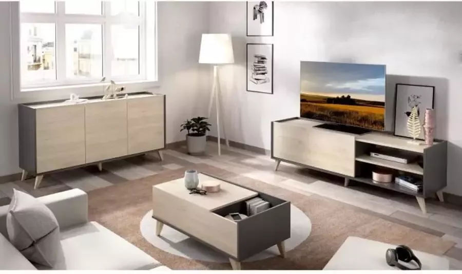 Anders Tv-meubel set met 2 kleppen + dressoir 3 deuren + salontafel Natuurlijk eiken en grafiet NESS