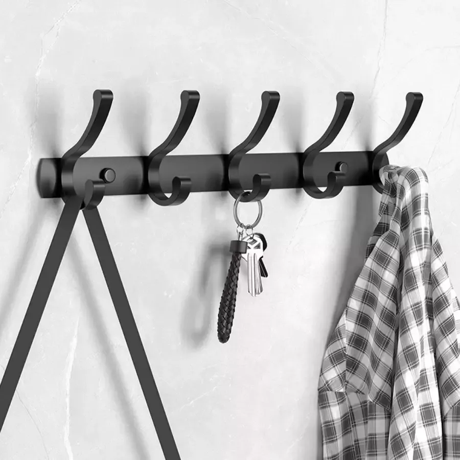 Zwarte RVS Mat Kapstok 5 Haken Sleutelrekje Haakjes Wandkapstok Hangend