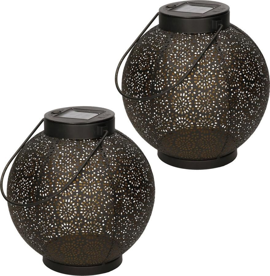 Anna's Collection 2x stuks solar lantaarn zwart cirkels 19 cm tafellamp zonne-energie tuinverlichting tuinlantaarns