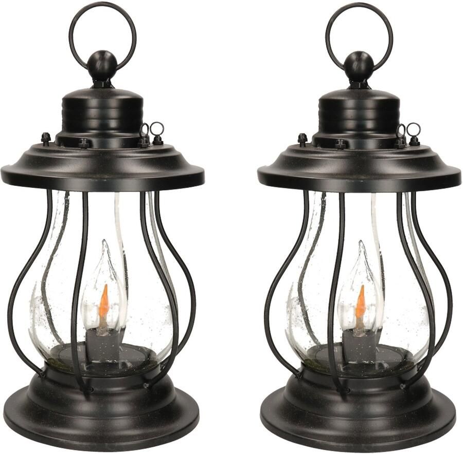 Anna's Collection Solar lantaarn 2x met vlameffect 17 x 31 cm zwart metaal tafellamp