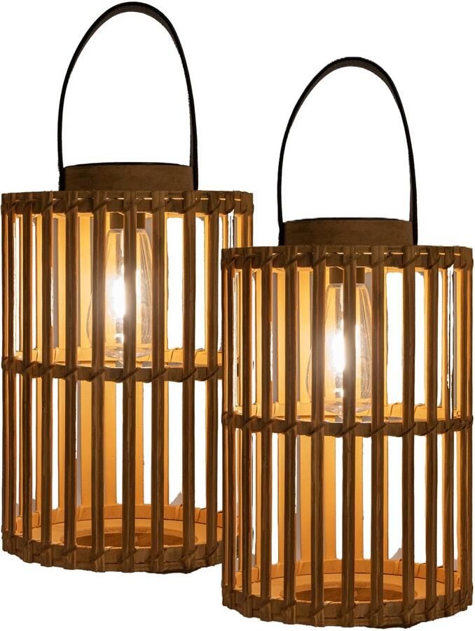 Anna's Collection Solar lantaarn 2x voor buiten D20 x H32 cm bamboe hout tafellamp