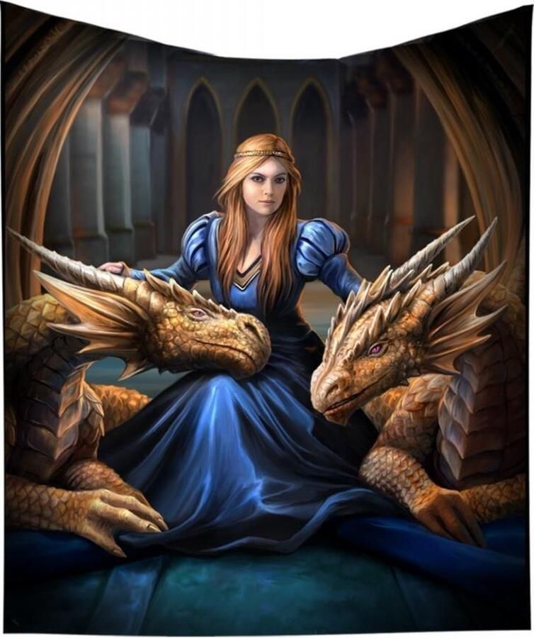 Anne stokes Het Stripfiguur Anne Stokes sierkussen Fierce Loyalty fantasie afbeelding van een vrouw op een bank samen met een draak