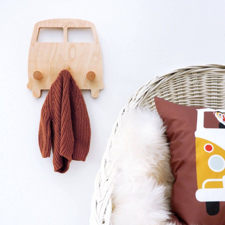 ANNIdesign Kinderkapstok Busje hout 3 knoppen jongenskamer meisjeskamer verzonken ophanggleuven 9mm dik kinderkamer