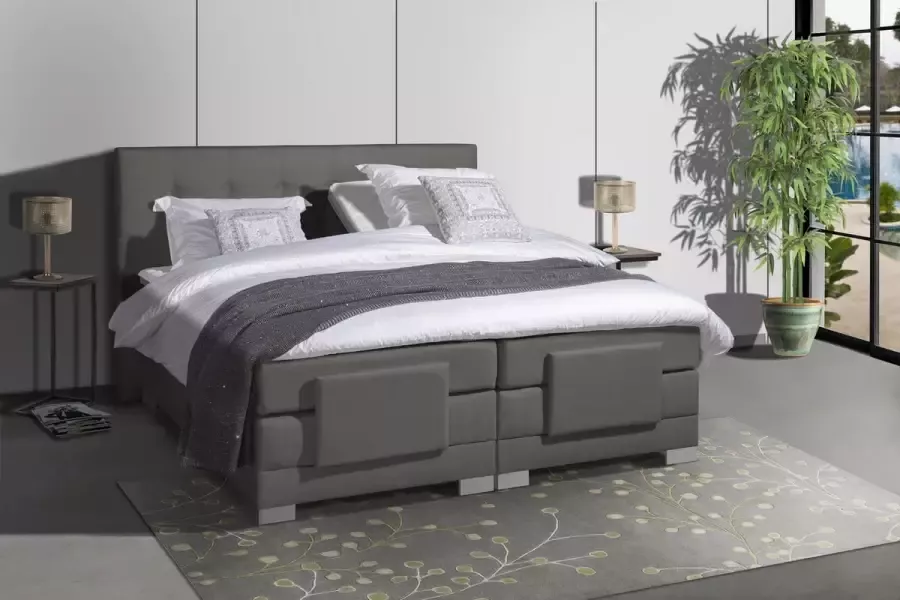 Anno 1588 Elektrische Boxspring LUXA Pocketvering Luxe Topper Antraciet Lederlook Boxspring 140x200 Inclusief Montage