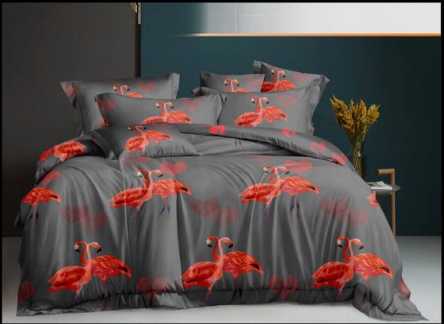 Antonio Dekbedovertrekset voor tweepersoonsbed 220 200 cm met 2 slopen grijs met roze flamingo's in katoensatijn