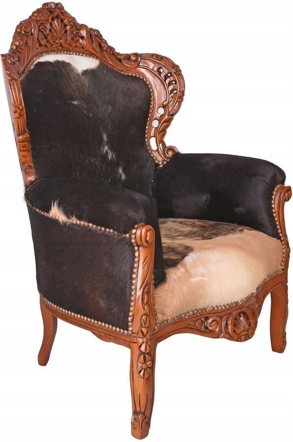 ANTYKI 24 Barokke fauteuil met echt koeienleer en gesneden frame