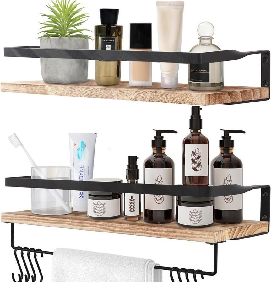 ApexArte Wandplank Houten Plank Wandmontage Hoekrek Hoekplank Organizer Keuken Badkamer Natuurlijk en Zwart