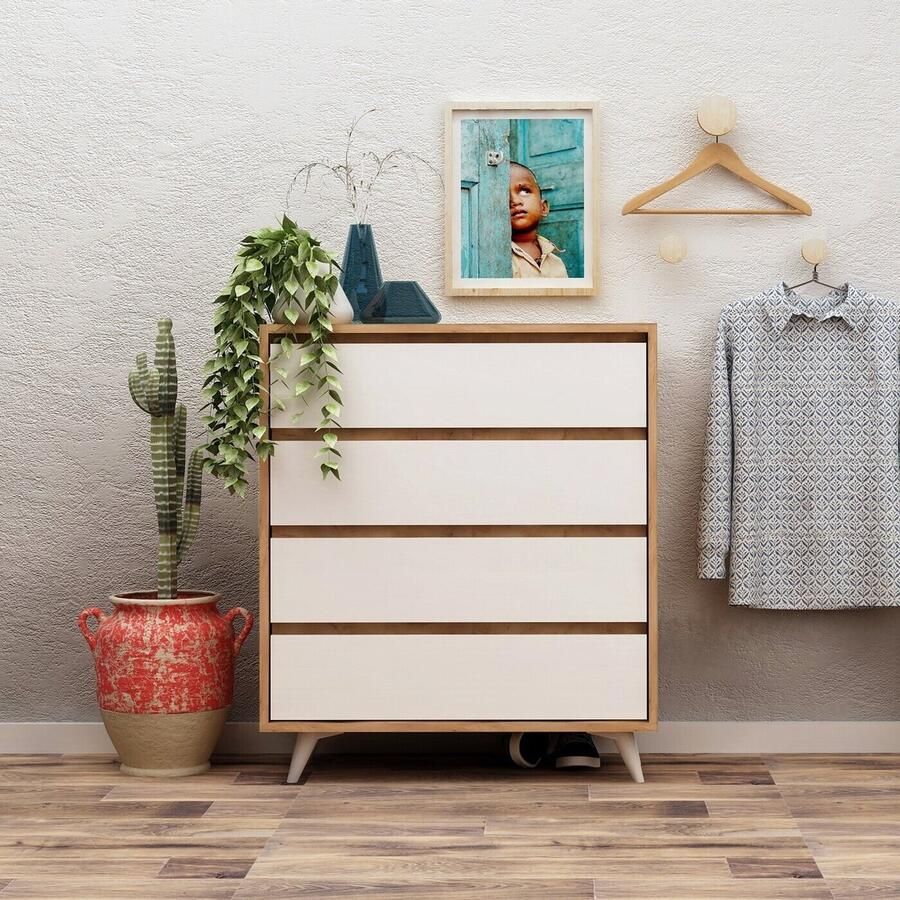 Asir-dressoir. 100% GEMELAMINEERDE SPAANPLAAT. Dikte: 18 mm. Breedte: 70 cm Hoogte: 86 cm Diepte: 40 cm. 4 lades. Talrijke planken. Kan aan de muur worden bevestigd