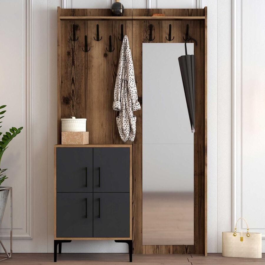 Arabic House Garderobemeubel Berlin met spiegel Melamine Walnoot Antraciet