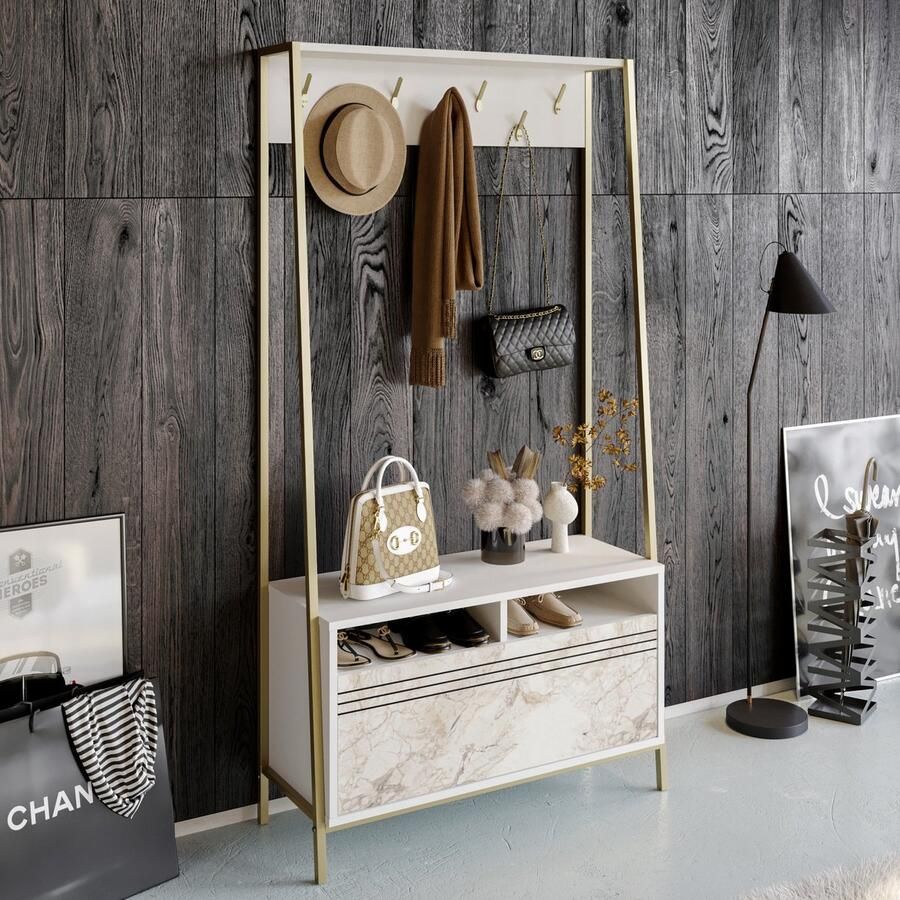 Asir Hall-standaard. 100% GEMELAMINEERDE SPAANPLAAT. Dikte: 18 mm. Metalen poten. Breedte: 94 cm Hoogte: 180 cm Diepte: 35 3 cm. Talrijke planken. Kan aan de muur worden bevestigd