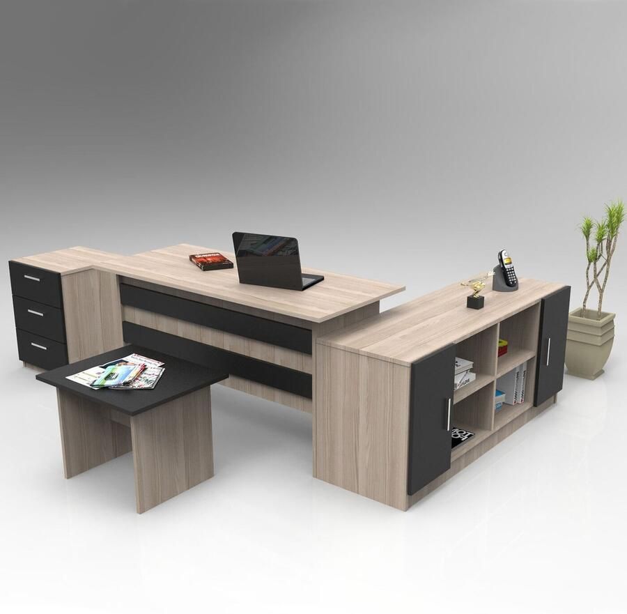 Arabic House Kantoor Meubels Set Vobarno (2 Kasten + Bureau + Tafel) Melamine Eiken Zwart