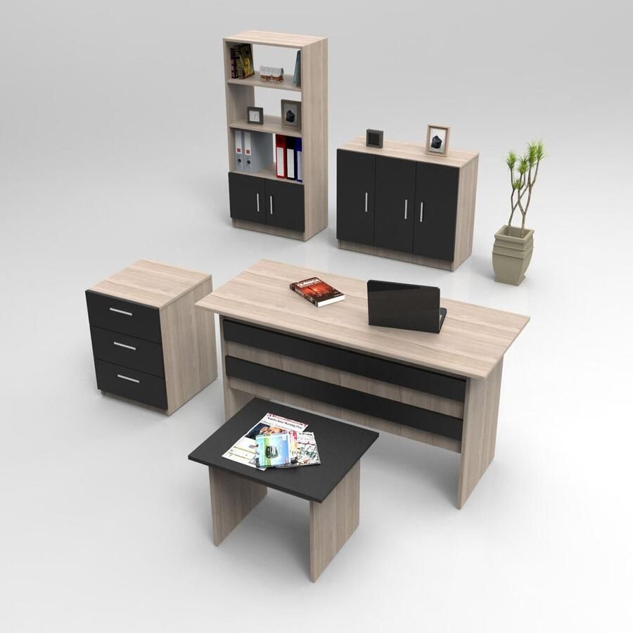 Arabic House Kantoor Meubels Set Vobarno (3 Kasten + Bureau + Tafel) Melamine Eiken Zwart
