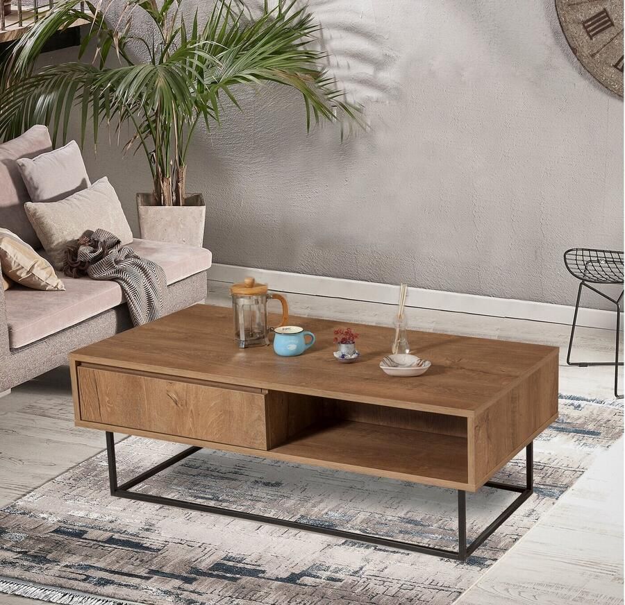 Asir salontafel. 100% GEMELAMINEERDE SPAANPLAAT. Dikte: 18 mm. Metalen frame. Afmeting: Breedte: 120 cm Hoogte: 43 cm Diepte: 60 cm. Plankhoogte: 17 cm. Extra opslag. Multifunctionele salontafel met 2 niveaus