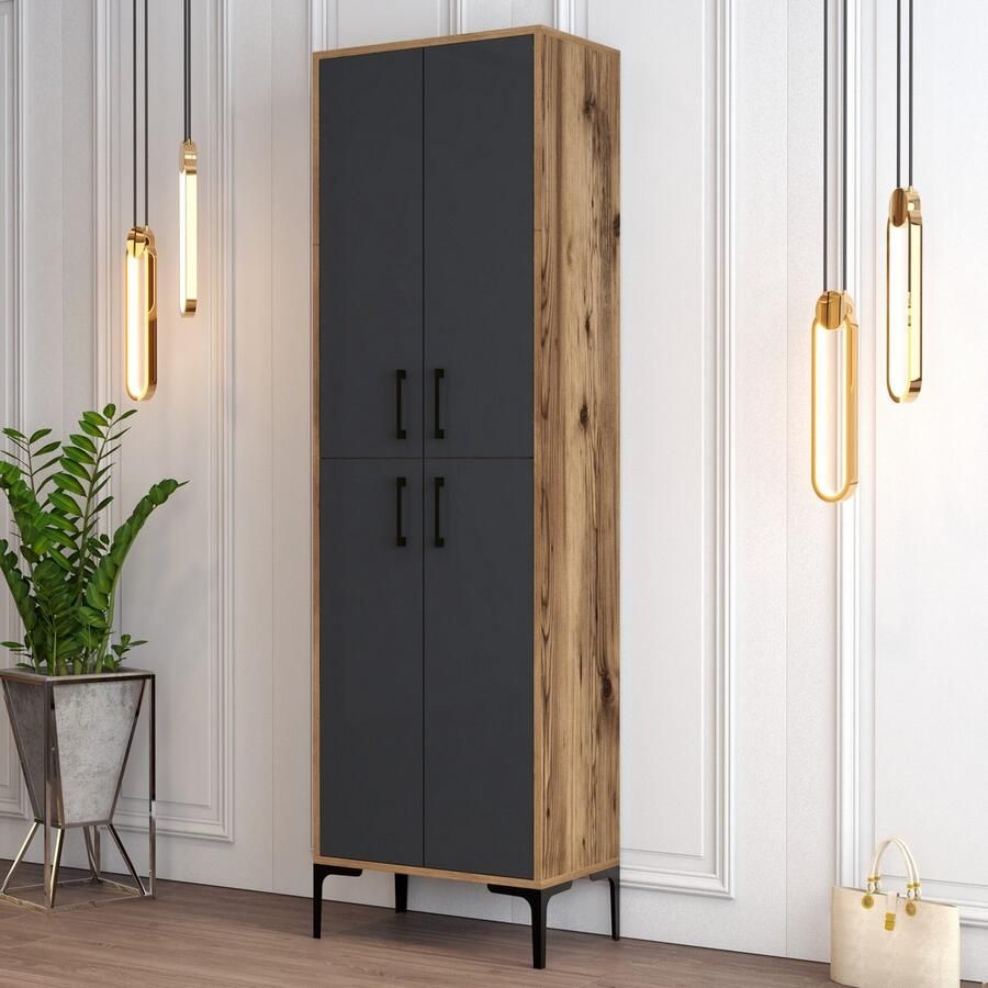 Emob Schoenenkast Wood-Fashion 100% Melamine Metalen Poten Noten Antraciet