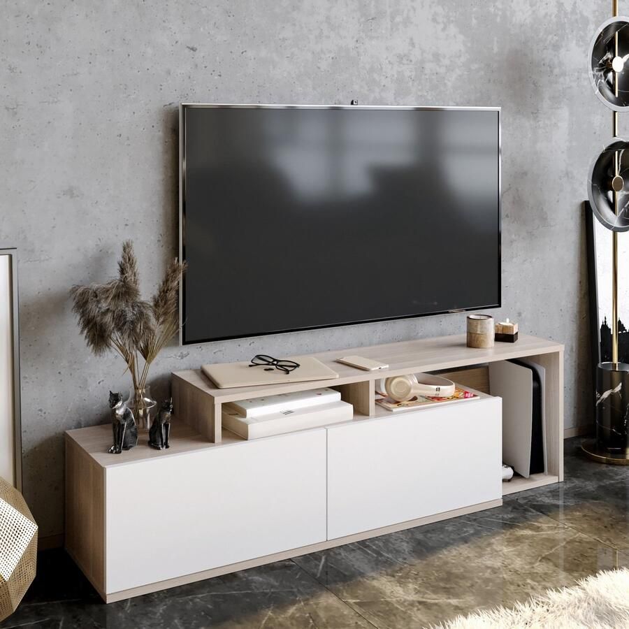 Emob TV Meubel Modern TV-meubel met Planken 100% Gemelamineerd Cordoba Wit 150cm Bruin - Foto 2