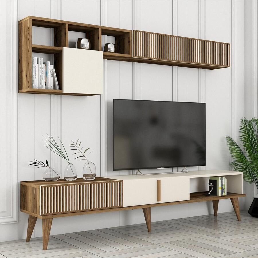 Arabic House Tv-meubel + Wandschap Milan Melamine Walnoot Crème
