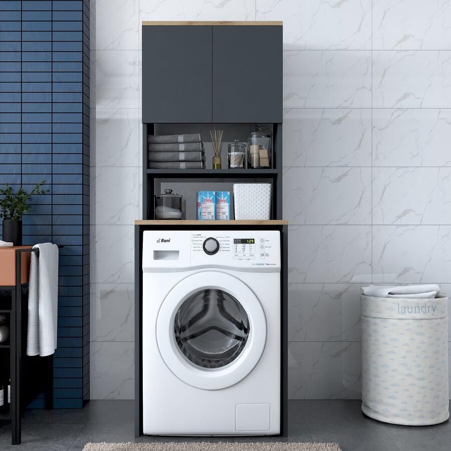 Emob Wasmachinemeubel Woody Fashion 65 x 60 x 183 6 cm Antraciet Wasmachinekasten Antraciet MDF Wasmachinekasten Op voorraad