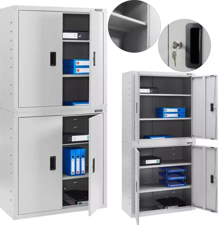 Arebos Archiefkast Dossierkast Roldeurkast Kantoorkast Opbergkasten met deuren Archiefkast Metaal 180x90x40 cm Grijs 4 Uitneembare planken