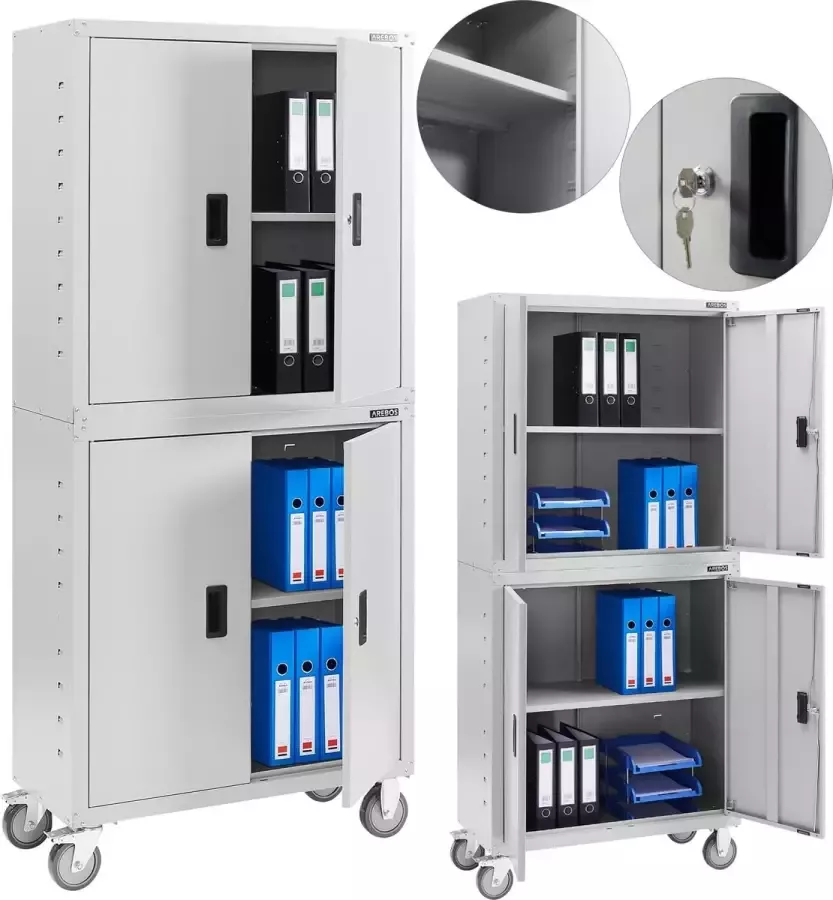 Arebos Archiefkast Dossierkast Roldeurkast Kantoorkast Opbergkasten met deuren Archiefkast Metaal 180x90x40 cm Grijs 4 Wielen 2 Uitneembare planken