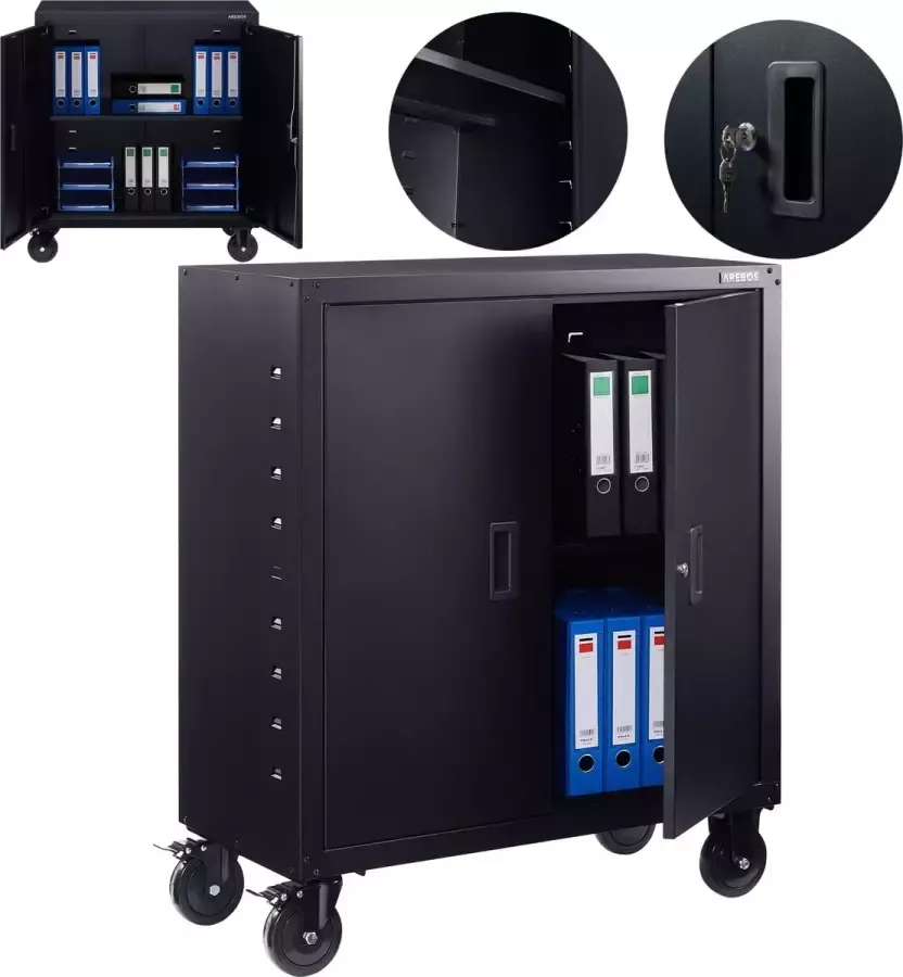 Arebos Archiefkast Dossierkast Roldeurkast Kantoorkast Opbergkasten met deuren Archiefkast Metaal 90x90x40 cm Zwart 4 Wielen 1 Uitneembare planken