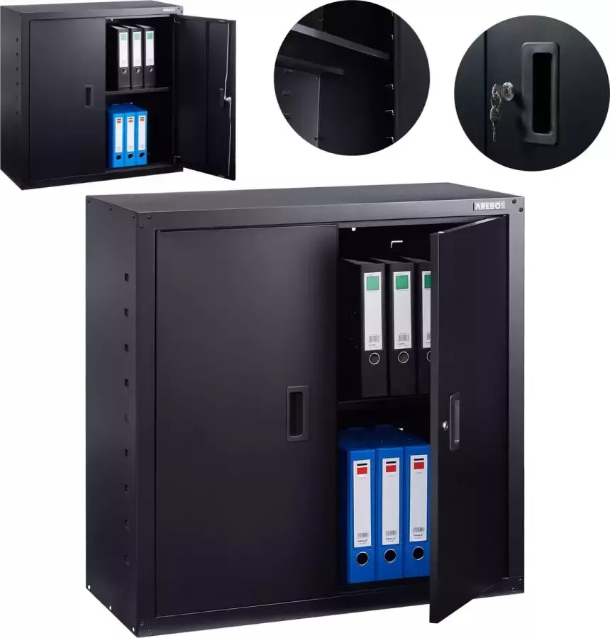 Arebos Archiefkast Dossierkast Roldeurkast Kantoorkast Opbergkasten met deuren Archiefkast Metaal 90x90x40 cm -Zwart 1 Uitneembare planken